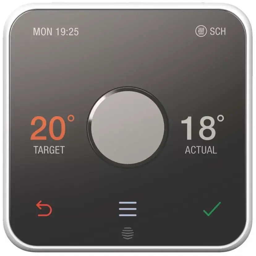 Hive thermostat with a central dial and separate target and actual temperature displays.